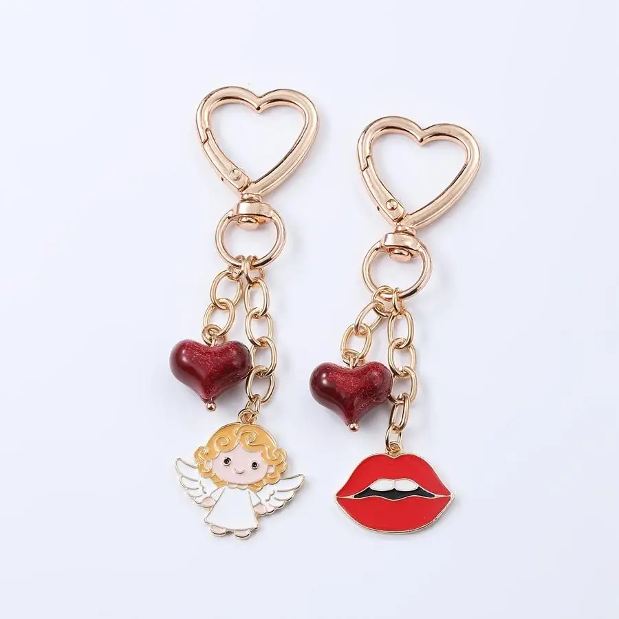 1/5/10/20/50/100pcs New Creative Angel Keychain and Keychain with Heart and Red Lips Pendant—Handbag Accessories Symbolizing Goo