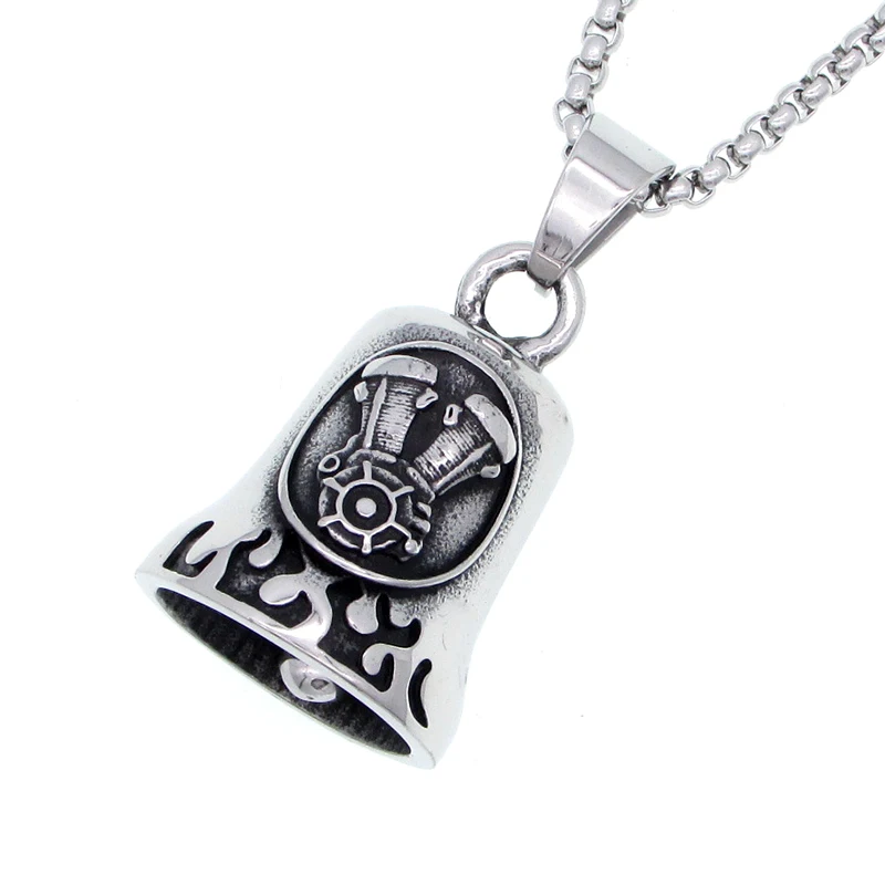 Vintage 316L Stainless Steel Silver Color Black Engine Big Bell Biker Flaming Motorcycle Sport Pendant For Gift