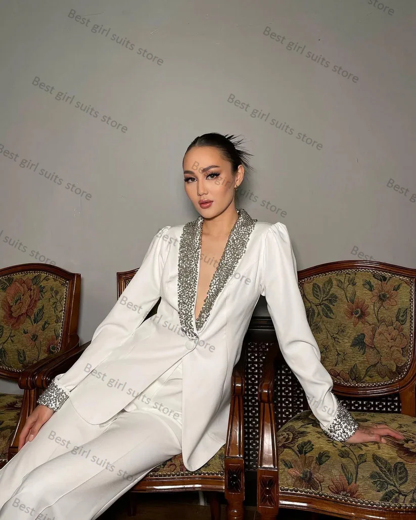 2 Piece White Women Suit Pants Set Jacket+Trouser Luxury Crystals Mother Guest Blazer Wedding Tailored Formal Office Lady Coat