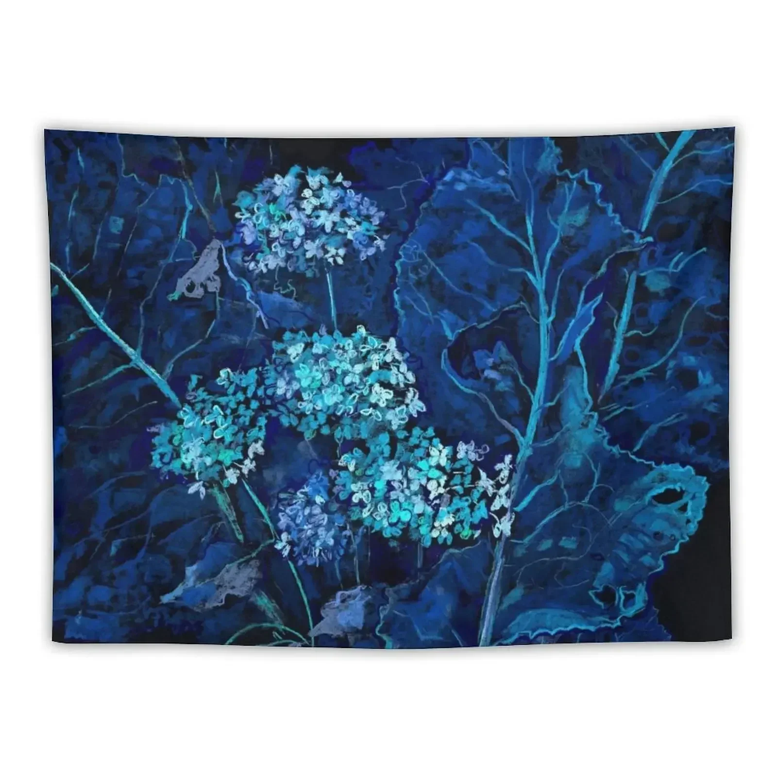 Hydrangea and Horseradish, Botanical Floral Black Blue Tapestry Room Decorator Carpet On The Wall Tapestry