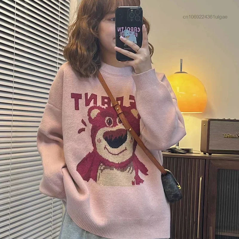 Disney Lotso Women Fashion Clothes Korean Style Sweater Female Autumn Winter Rounde Neck Cute Pullover Y2k New Cartoon Knit Tops