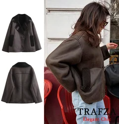 TRAFZA-abrigo holgado de piel sintética para mujer, chaqueta elegante con bolsillos y botones de solapa, moda de invierno, novedad de 2024