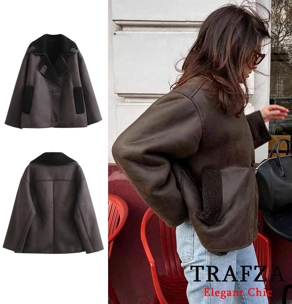 TRAFZA Elegant Winter Loose Faux Fur Coat Women's Lapel Buttons Pocket Coat Jacket New 2024 Winter Fashion High Street Coat