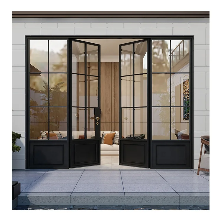 

Customized Size French Retro Steel Door Aluminum Alloy Four Leaf Balcony Outdoor Double Door