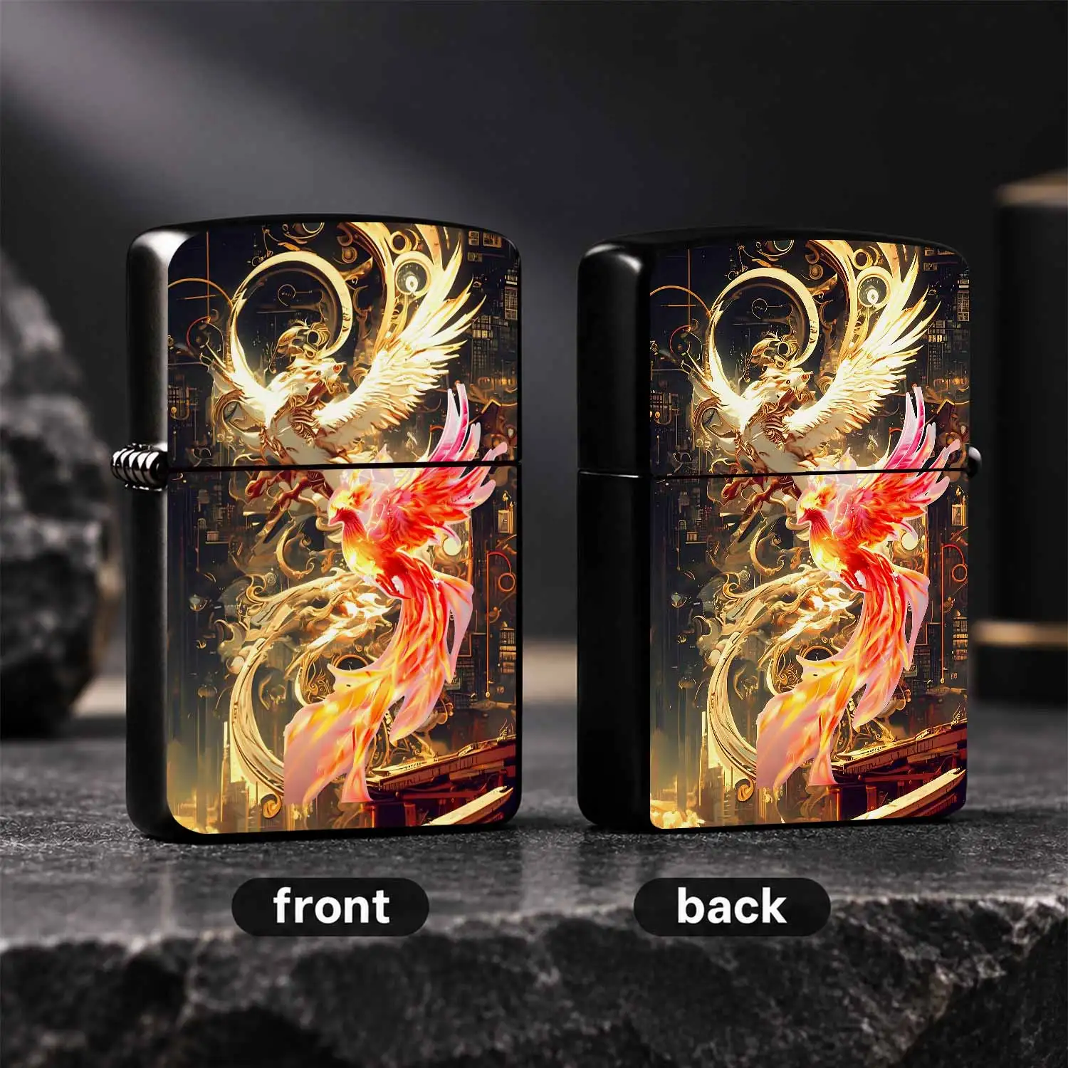 Stylish Lighter With Vintage Fantasy Goldenand Fiery Phoenix Art Print, Exquisite Steampunk City Background Pattern, Portable Decorative Lighter For Camping Travel Daily Gathering, Ideal Unique Artistic Gift For Friends A Humorous And Inter
