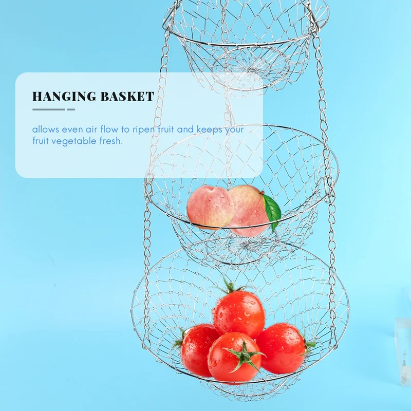 【CLEARANCE】3 Tier Fruit Basket, Vegetable Kitchen Storage Basket Chain Hanging Space Saving Fruits, Plants Storage Basket