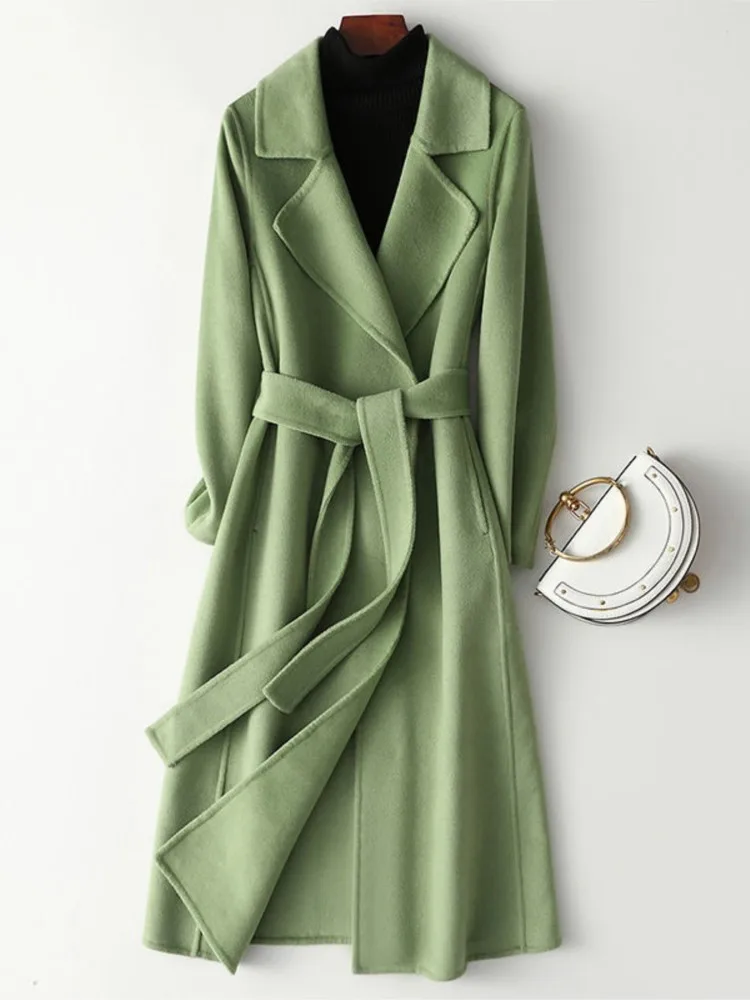 New Arrival 100% Wool Coat Brand Winter Woolen Coat Vintage Thick Cashmere Coat Solid Female Overcoat Sashes Long Wool Outwears