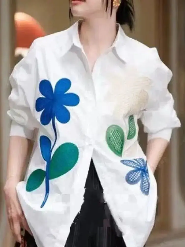 

Высококачественные хлопковые рубашки и блузки с длинными рукавами и цветочной вышивкой для женщин, свободные повседневные модные трендовые новые блузки, женские топы
