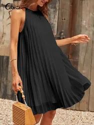 2024 Sexy Straps Mini Sundress Celmia Women Sleeveless Pleated Dress Party Summer Casual Loose O Neck Short Robes Oversize Dress