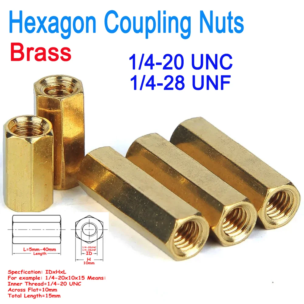 1/4-20 UNC 1/4-28 UNF Hexagon Brass Extension Nut Thick Copper Connecting Joint Mechanical Parts
