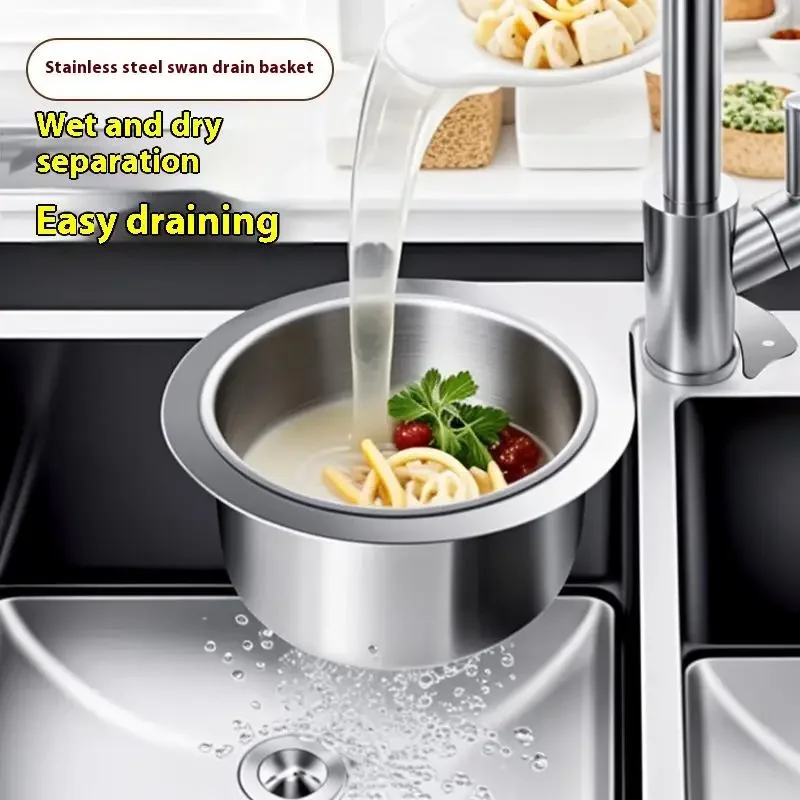 Stainless Steel Swan Sink Strainer Basket Kitchen Sink Garbage Hanging Filter Swan Dry And Wet Separation Hook Drain Rack