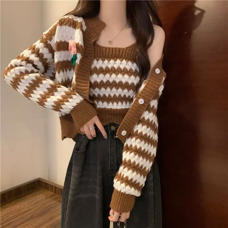 Korean Chic Retro Striped Knitted Cardigan Cropped Sweater Suspender Camis Suit Two-piece Set Button Tops Casual Casaco Feminino