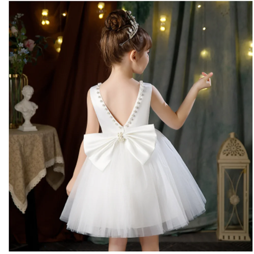 Pink Flower Girl Dresses Beaded Round Neck Customized Children's dress for the baptism of the First Communion Birthday Dance