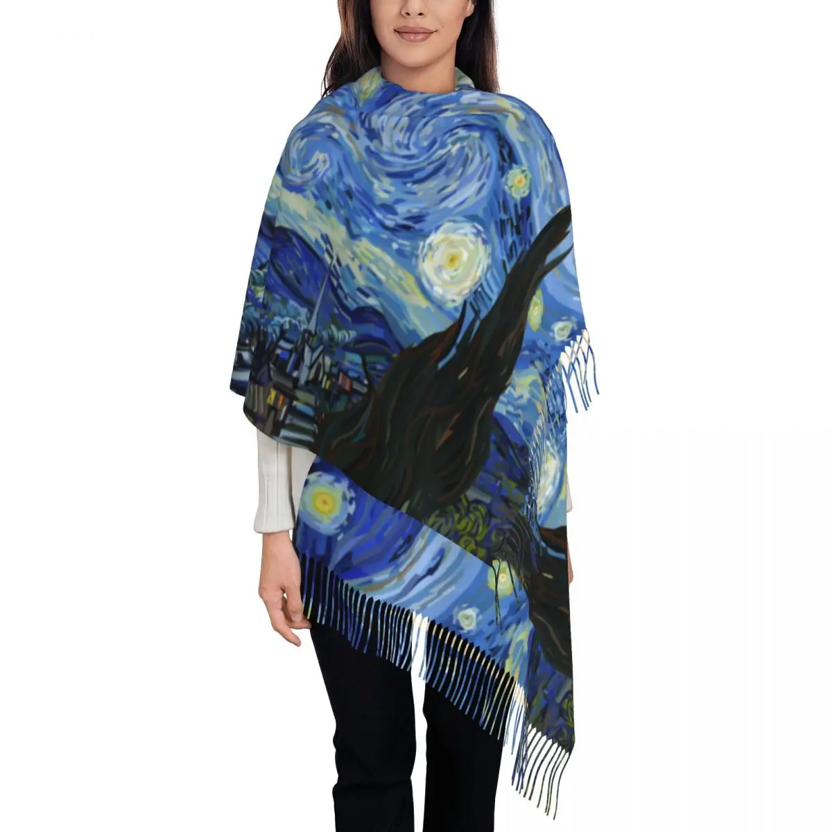 Van Gogh Painting Scarf Womens Winter Cashmere Shawls Wrap Starry Night Art Dutch Long Large Scarves with Tassel Evening Dress