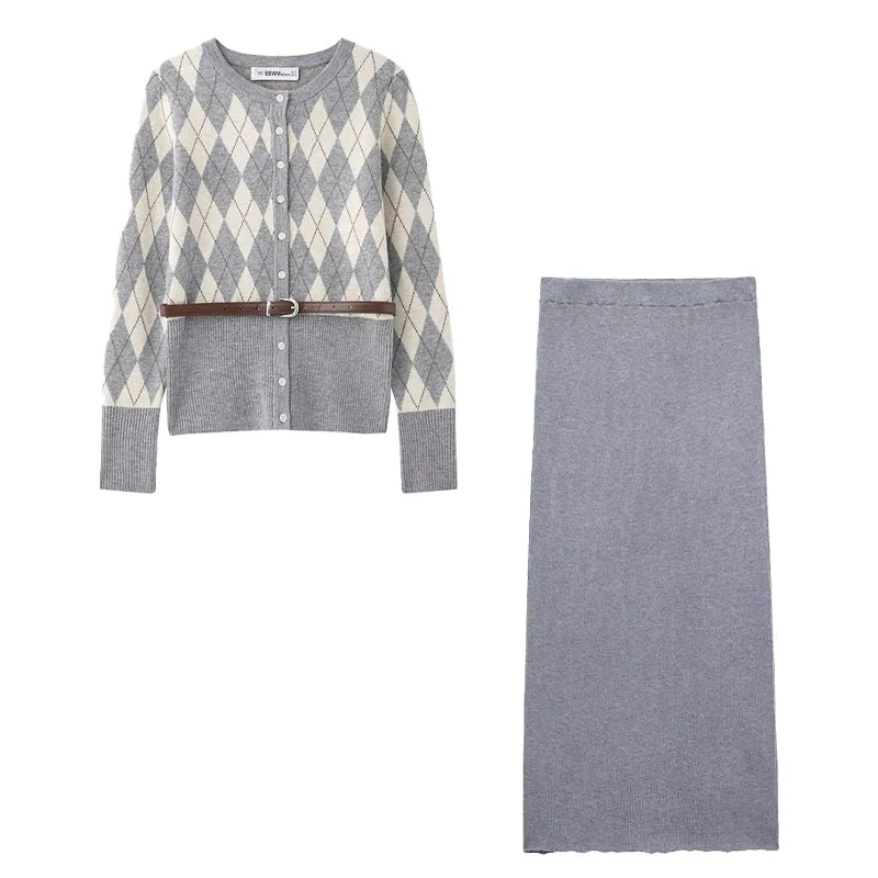HH Herbst Frauen Mode Oansatz Gestrickte Langarm Mantel Diamant Muster Mit Gürtel Schmücken Strickjacke + Split Saum Hüfte Midi rock 5