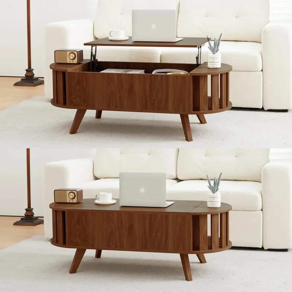 Mesa de centro superior de madeira com armazenamento oculto, mesa elevatória oval de 47,24 ", design de perfil curvo, mesa de chá baixa para sala de estar, escritório