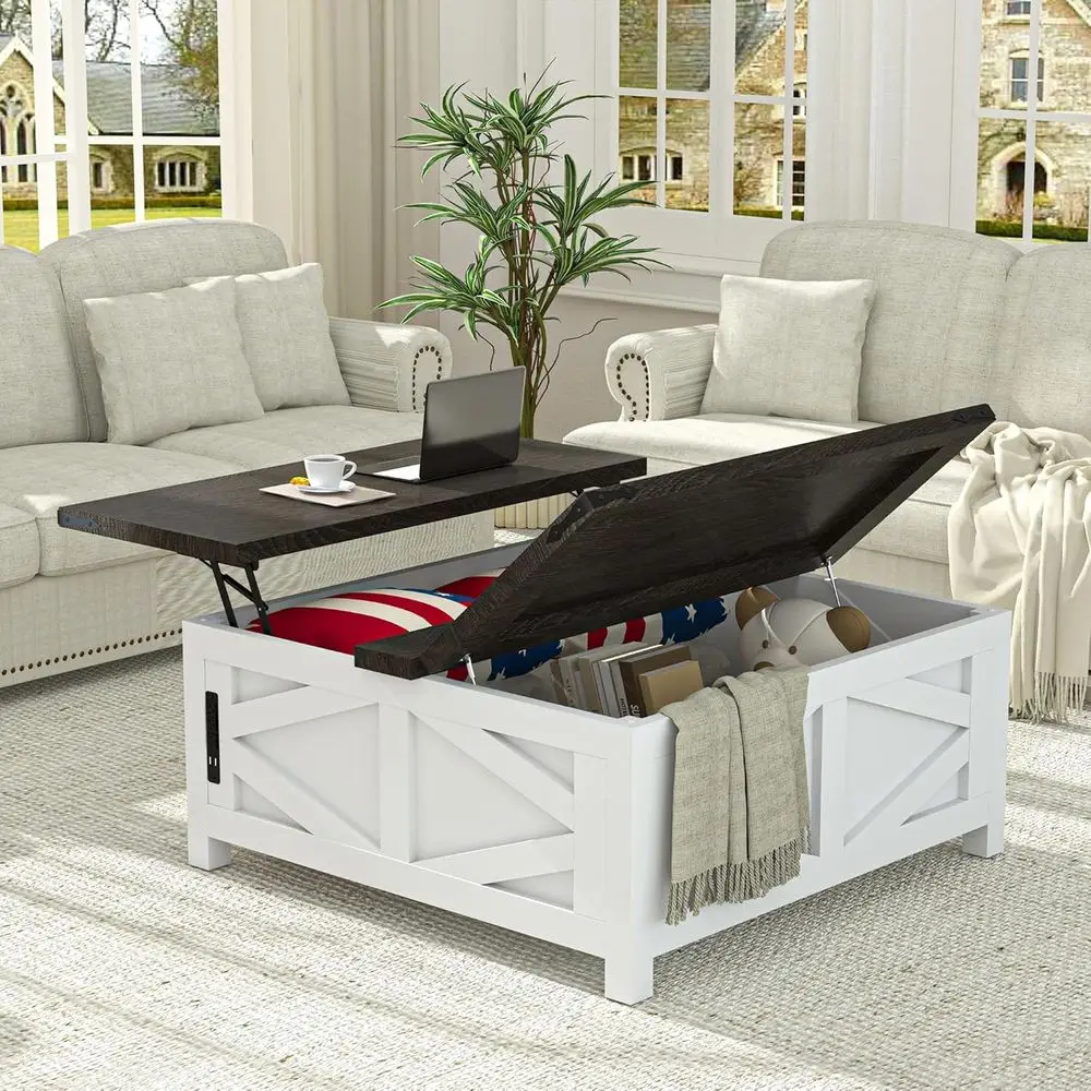 

White Square Farmhouse Style Coffee Table with Lift Top Storage and Charging Station for Living Room
