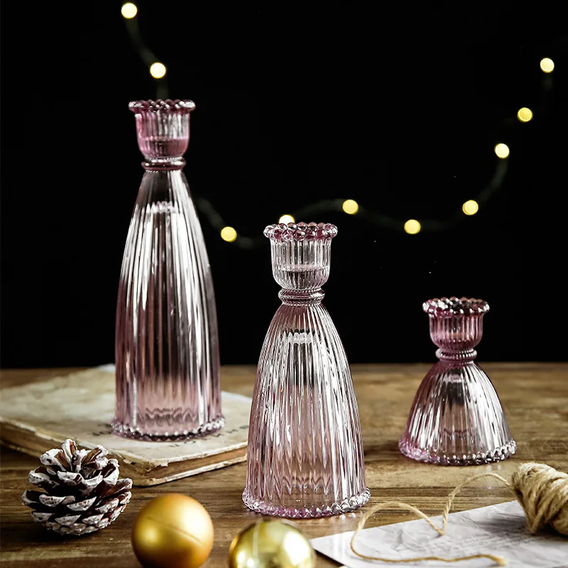 Glass Candle Holder Interior Ornaments Taper Candlestick for Home Decoration Clear Ribbed Glass Candle Stand