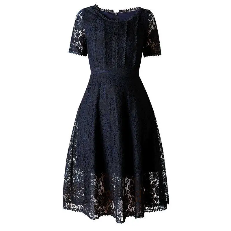 Temperament Lady Dress 2023 Summer One Piece Slim Waist O Neck Hollowed Out Lace Short Sleeve Black Dress Elegant Women Clothes