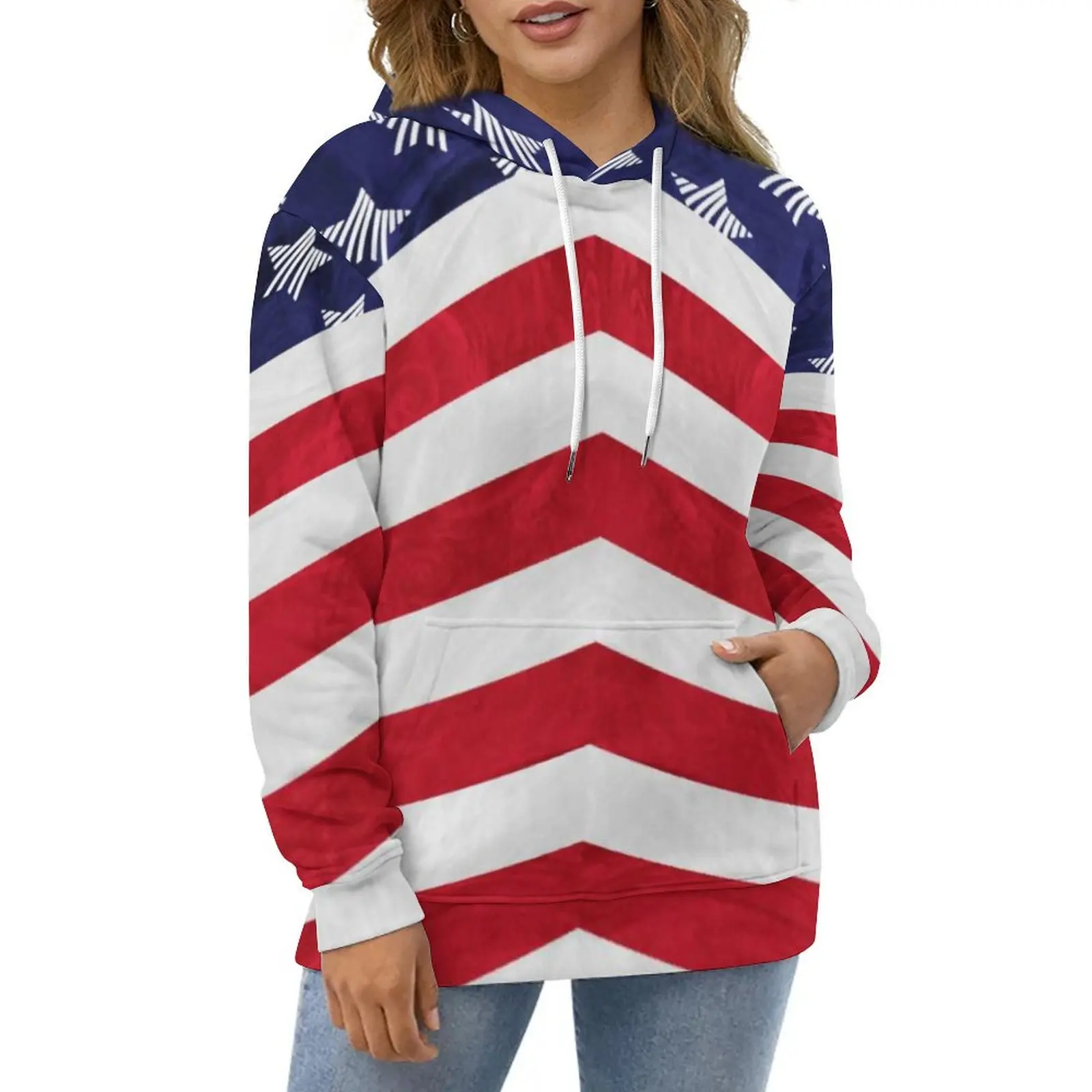 American Flag Casual Hoodies Red White Blue Stars Print Pullover Hoodie Female Long Sleeve Street Wear Loose Hooded Sweatshirts