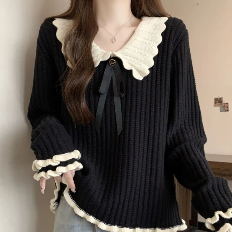 Korean Fashion Sweet Black Sweater Autumn Doll Collar Long Sleeved Wooden Ear Women Knitted Tops Loose Casual Pullovers Knitwear