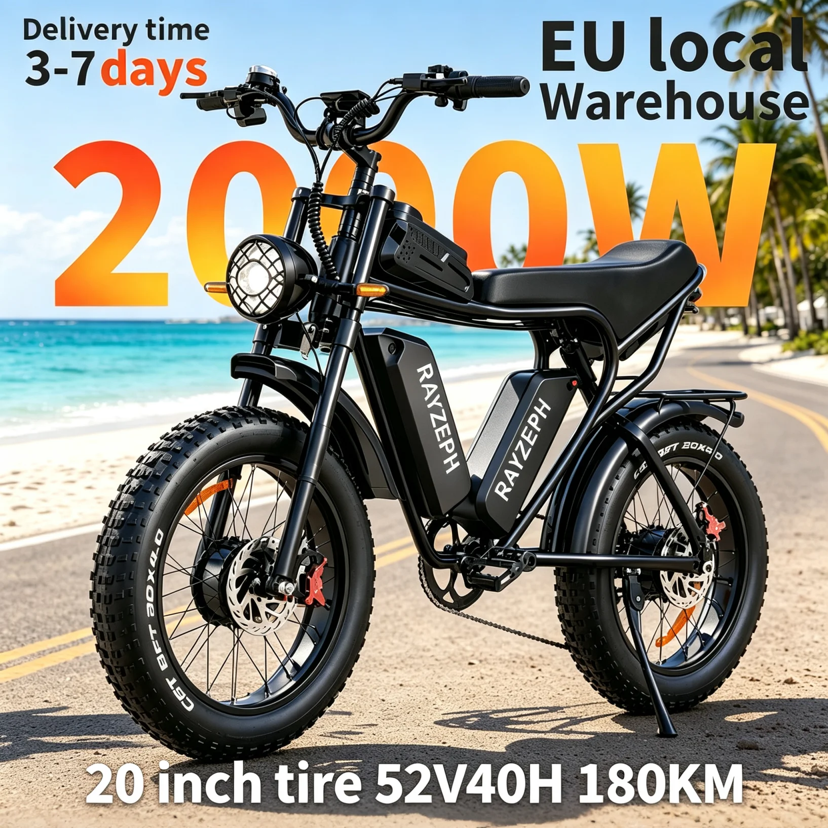 Rayzeph C20 Max 2000W Bicicletta Elettrica MTB ad Alte Prestazioni per Tutti i Terreni, Batteria al Litio Doppia 52V 40Ah, 60KM/H, 120KM, Pneumatici Fat da 20 Pollici per Fuoristrada, E-bike da