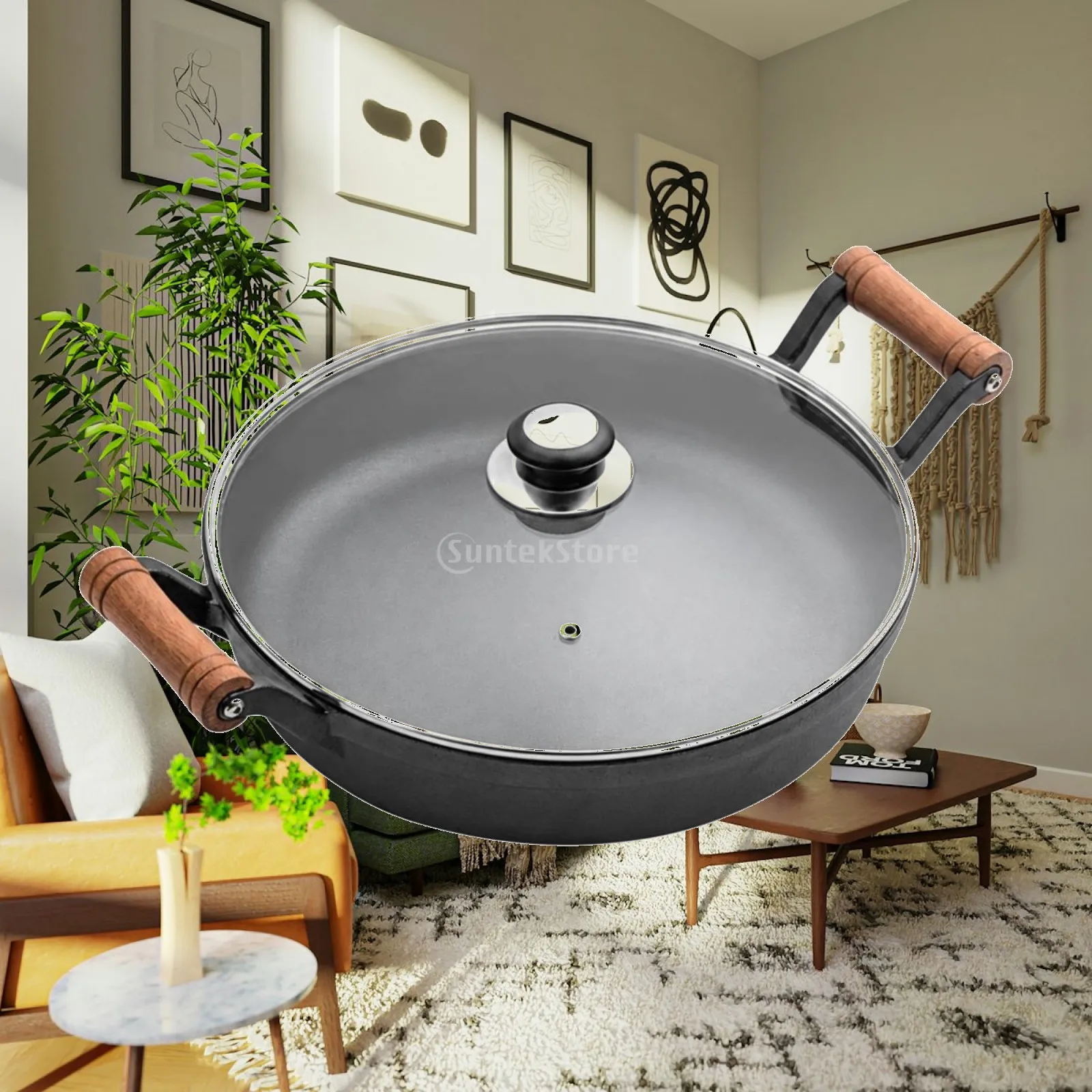 Multi-purpose Cast Iron Pan with Lid for Frying Searing Pancakes on Gas Electric Induction Cooker