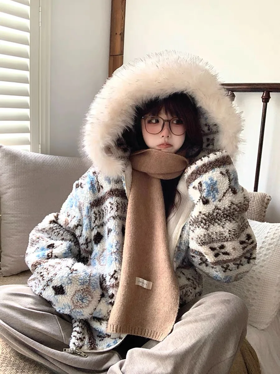 

Женское зимнее пальто из плотного хлопка с капюшоном и воротником из овчины на подкладке в стиле ретро в американском стиле Fair Isle