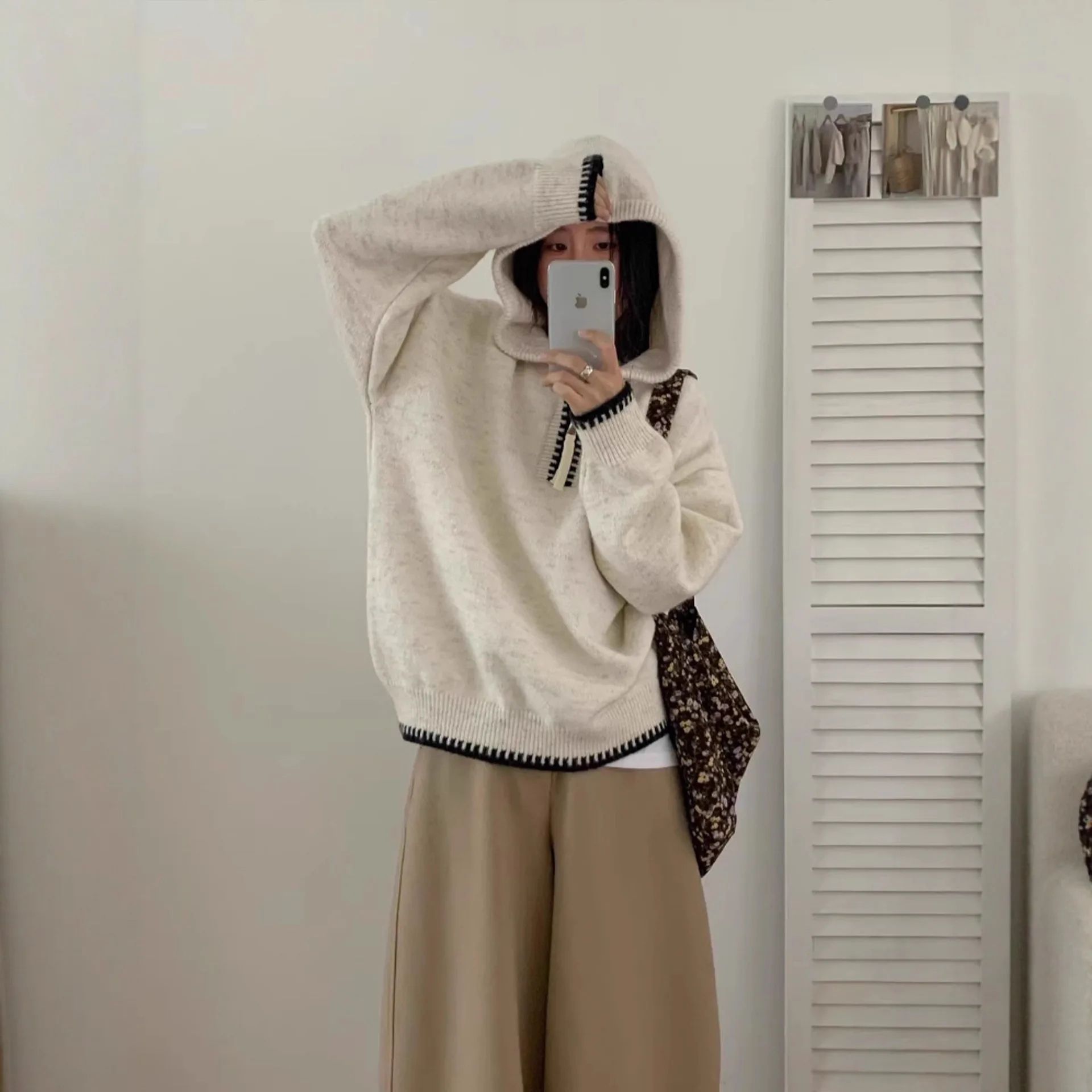 

Женский свитер с капюшоном на полумолнии, осень-зима, контрастный цвет, пуловер с длинными рукавами, корейский консервативный стиль, свободный повседневный трикотаж, топ