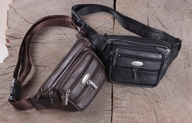 Men Genuine Leather Waist Bags Waterproof Fashion Functional Packs Solid Money Phone Belt