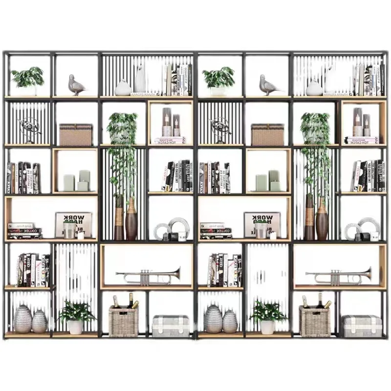 Wrought iron shelves, floor-to-ceiling bookshelves, office display