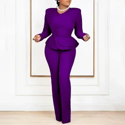 2024 2 PCS Outfits African Clothes for Women Autumn African Long Sleeve V-neck Red Purple Black Blue Top Long Pant Matching Sets