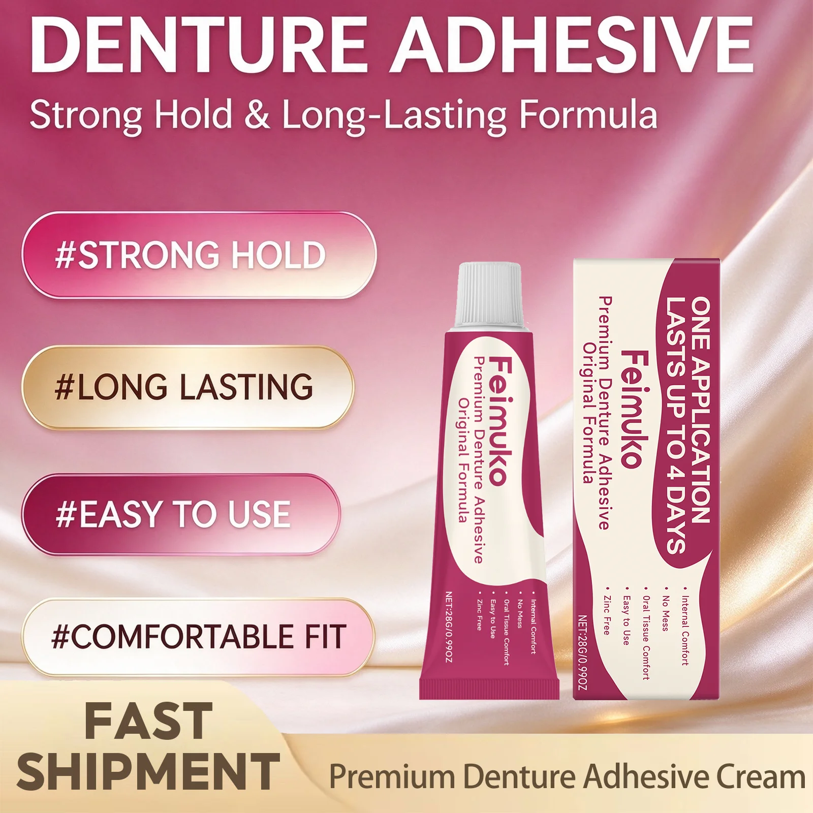 Feimuko Premium Denture Adhesive Cream Long Hold Comfort Fit Reduce Gum Discomfort No Trace Easy To Use Gentle On Gums 28g