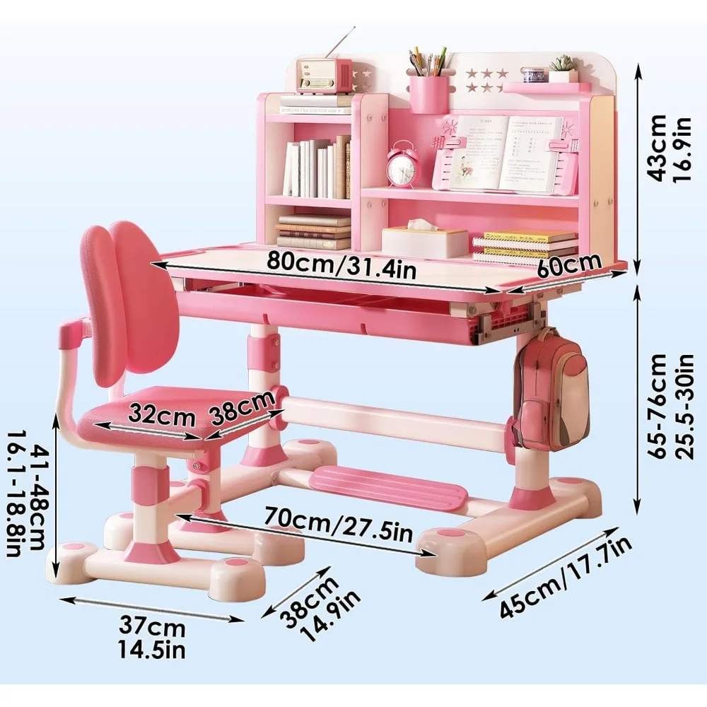 Conjunto de mesa e cadeira funcional para crianças, mesa de estudo escolar ergonômica ajustável em altura com mesa inclinada, suporte para livros