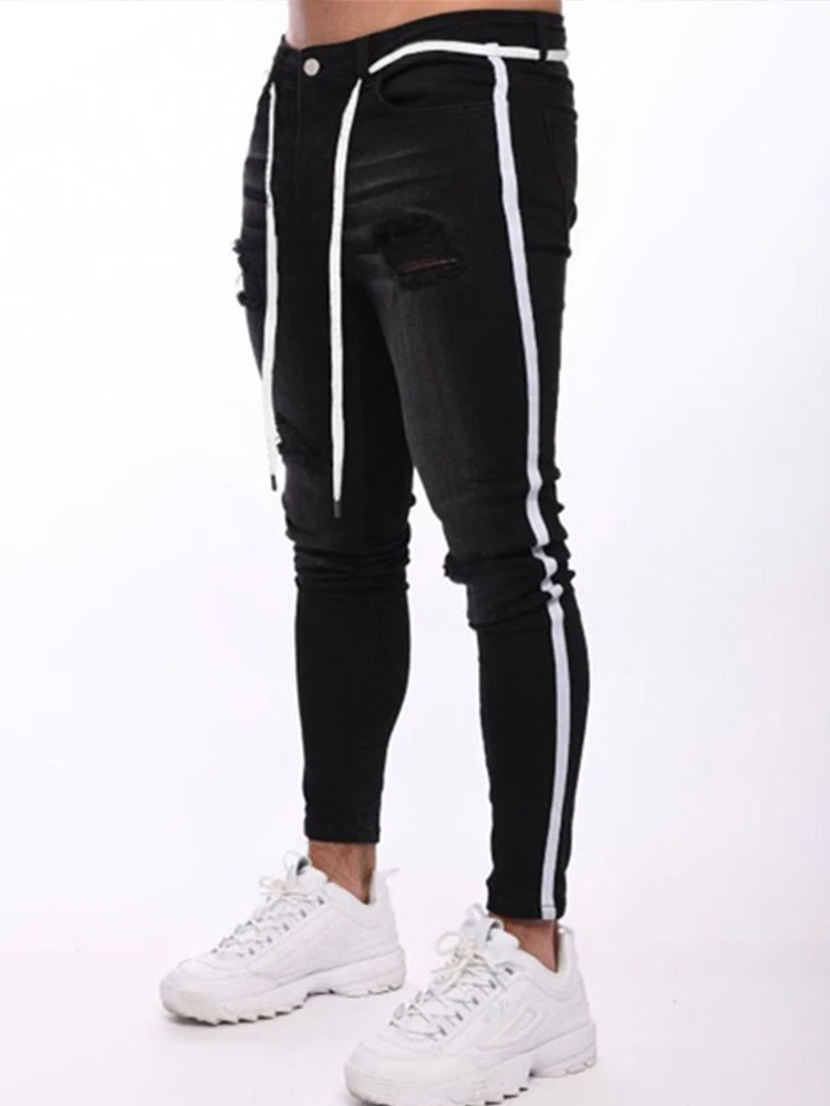 Y2k White Mens Clothing Men\'s Rip Pencil Pants Skinny Jeans Motorcycle Side Stripes Stylish Foot Zipper Hip Hop Slim Fit Jeans