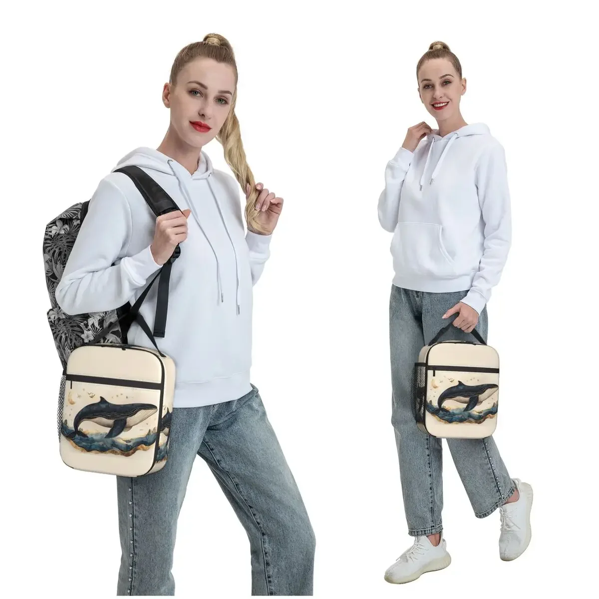 Golden Blue Aesthetic Whale Insulated Lunch Bag for Women Kids Portable Food Boxes Thermal Lunch Box Tote