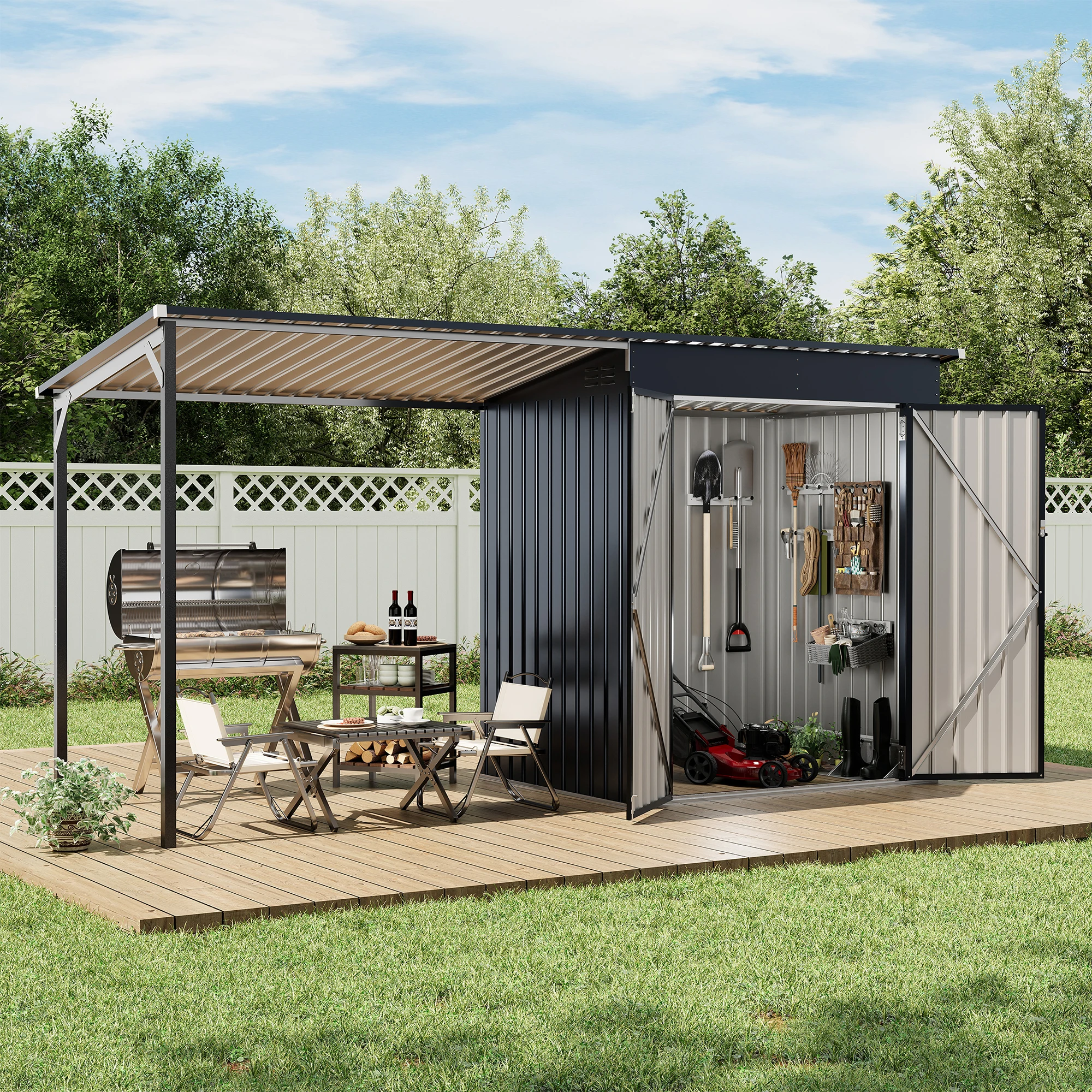 4x12 FT Outdoor Storage Shed with Reinforced Gazebo, Small Lean to Metal Shed with Lockable Door and Vents, 2-in-1 Garden Tool Shed with Open Galvanized Steel Pergola