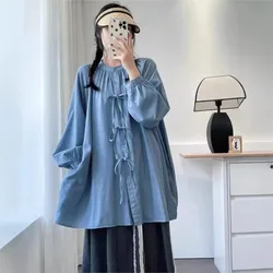 Johnature Japanese Forest Bow Tie Cotton Midi Shirt Women 2025 Spring Autumn New Casual Loose Balloon Sleeve Tops