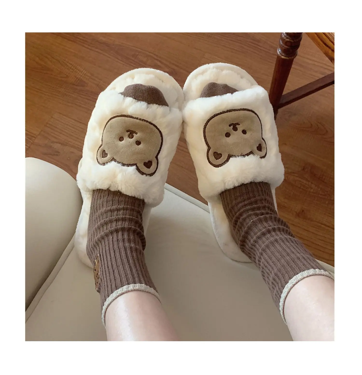 Fashion Cotton Slippers Lady One Word Open Toe Slippers Winter Home Non-slip Warm Cute One Word Indoor Home Floor Fur Slippers