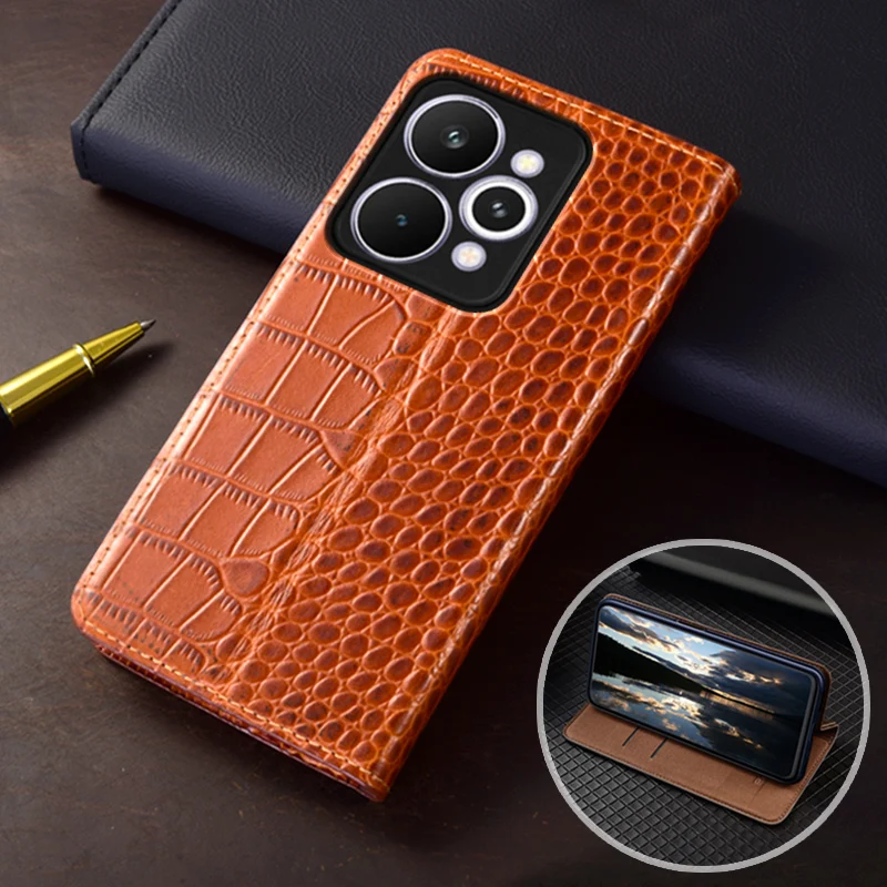 

Flip Case For realme 15T 15 Pro 5G Crocodile Pattern Magnetic Cover Luxury Cowhide Genuine Leather Card Pocket Wallet Covers