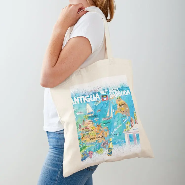 Antigua Barbuda Antilles Illustrated Caribbean Travel Map with Highlights of West Indies Island Dream Tote Bag