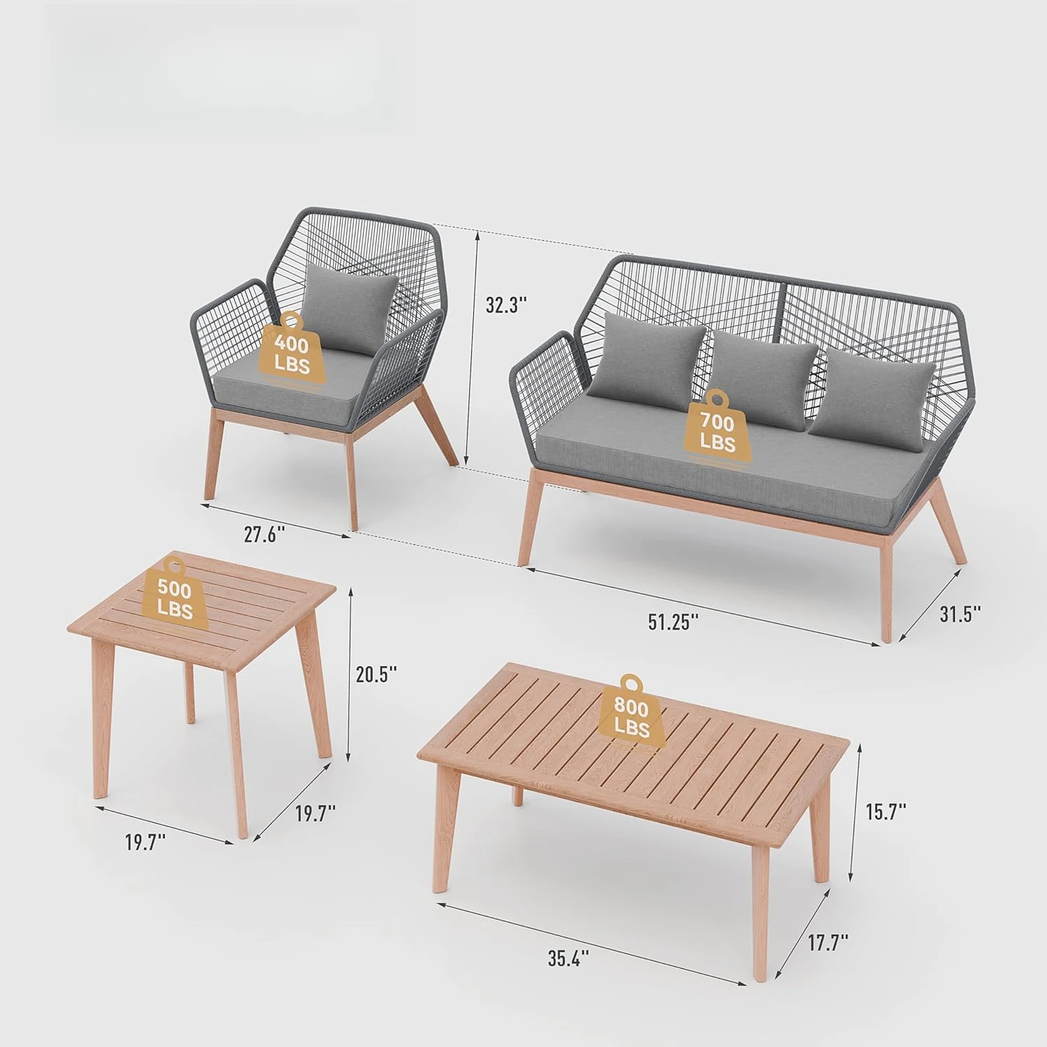 Set Modern Oak Patio Conversation Sets with Wooden Table for Balcony,Porch or Backyard,Grey
