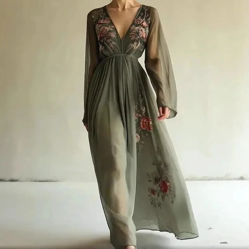 2025 Summer Autumn Long Sleeve Loose Maxi Dress Boho Woman Floral Print Long Dresses Sexy V Neck High Waist Hollow Party Dress
