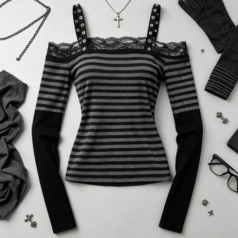 New Slim Alt Y2K Dark Gothic Punk Off Shoulder Women Top, Black Gray Stripe, Lace Neckline, Two Tone Patchwork Long Sleeve Top