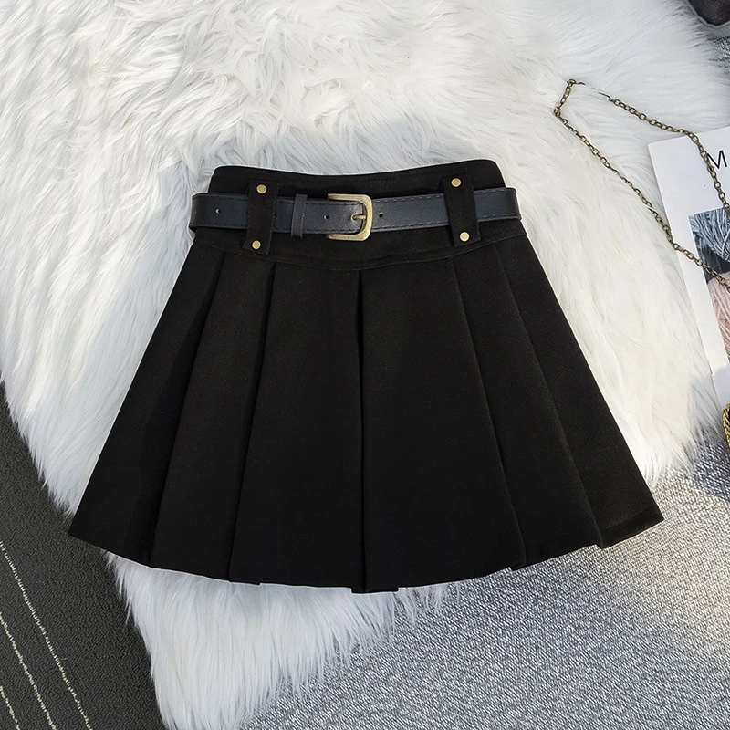 Vintage Woolen Mini Skirt Women with Belt Black Pleated Skirts Fall Winter Korean Preppy High Waist All Match A Line Skirt New