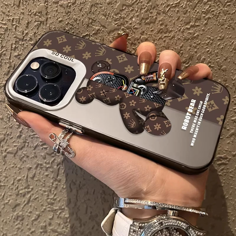 Luxo retro robô urso padrão caso de telefone para iphone 17 pro 16 15 14 13 12 11 pro max 16 plus 16e 17 ar à prova de choque capa traseira