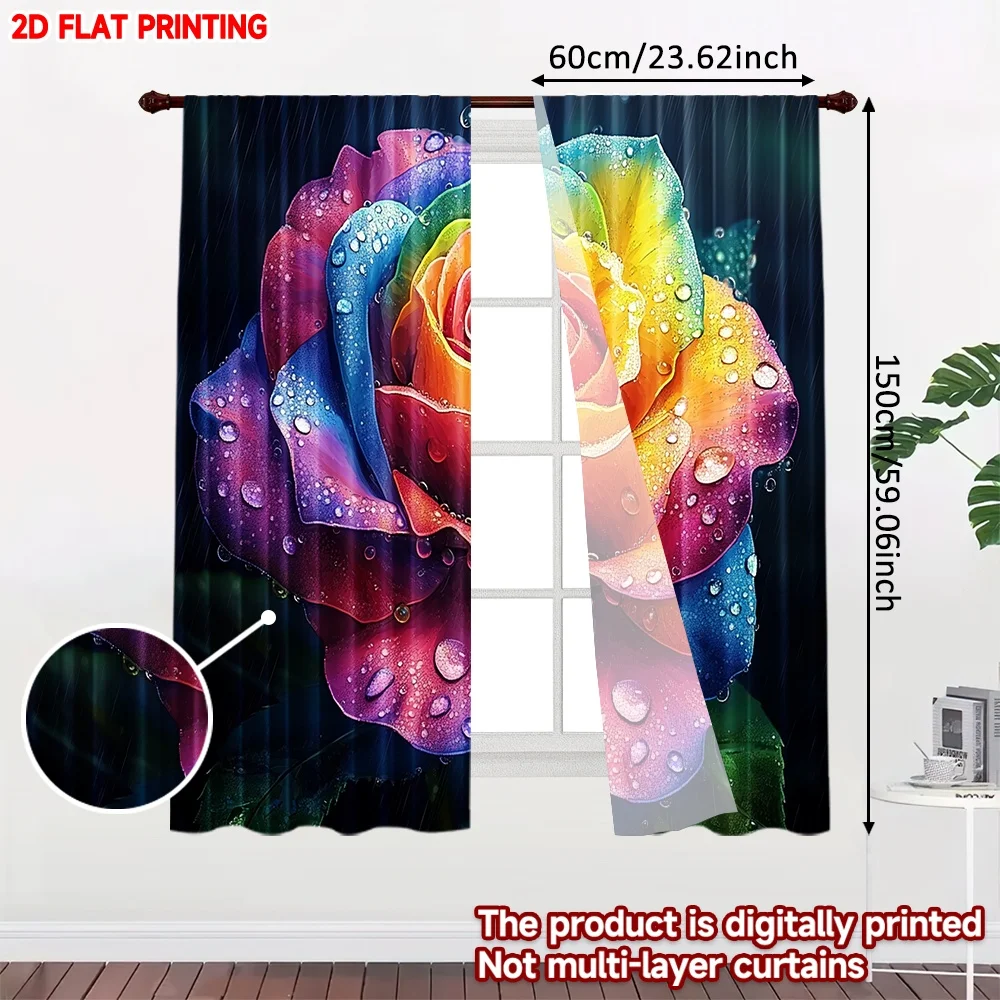 2D flat printing 2pcs Curtain Window Treatment Curtains Rainbow Rose with Raindrops Digital Printed Polyester Drapes Festive