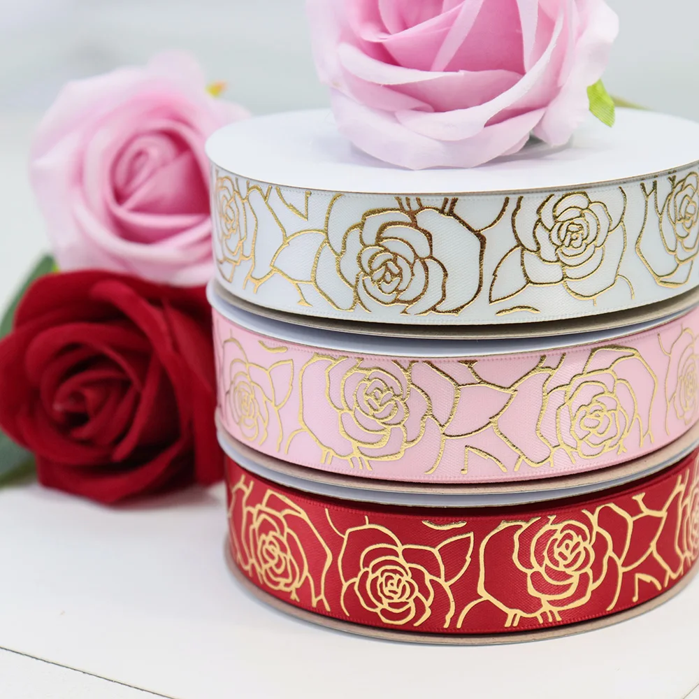 1\'\' 25mm Gold Foil Rose Lines Flower Single Side Satin Ribbon For Cakes Gift Decoration Hair Bows Accessories