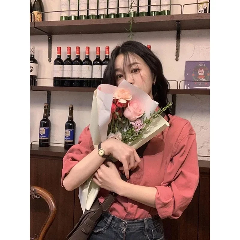 

Long Sleeve Shirts Women Satin Finish Blouses Asymmetrical Hem Decorative Buttons Autumn French Chic Office Wear Elegant Comfort