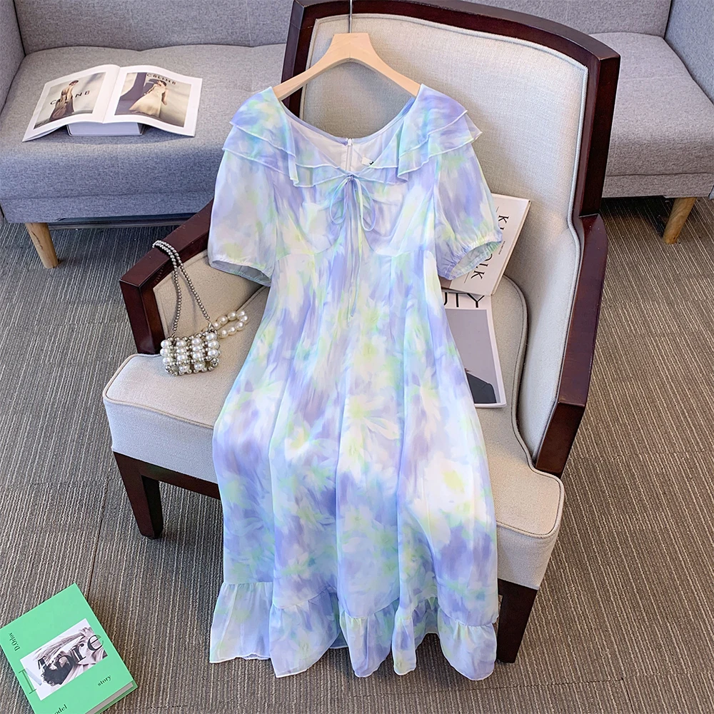 

Summer plus-size casual dress Chiffon fabric tie dye girly wind dress comfortable breathable tea dress doll collar dress 2024